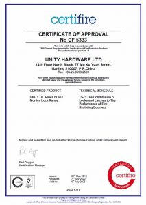 CF5333 Certifire Certificate for UNITY UT Series EURO Mortice Lock Range