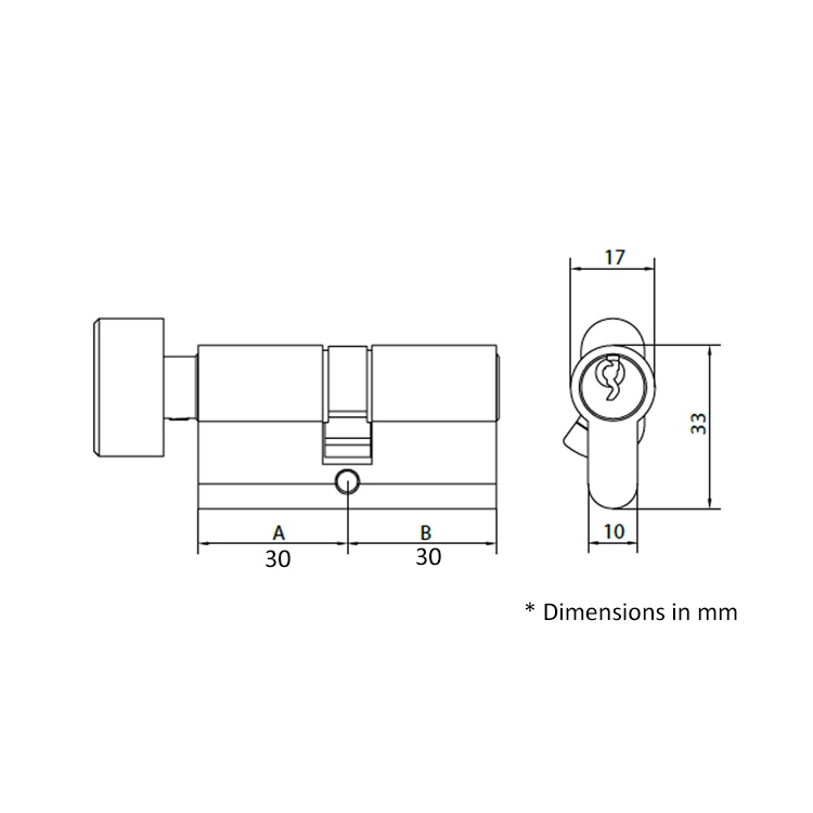 Double profile euro cylinder with thumbturn, 30/30mm