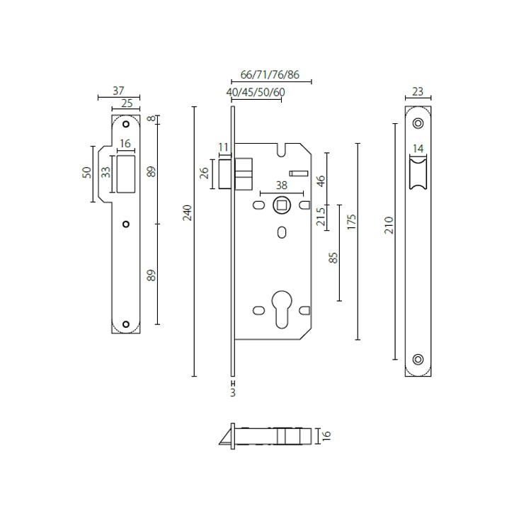 Mortise passage lock ML208502, 85mm center 40/45/50/60mm backset
