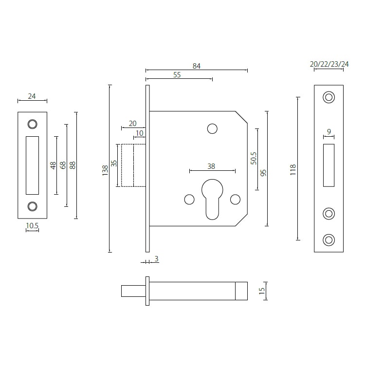 Mortise lockset with deadbolt MLC10355mm for communicating doors