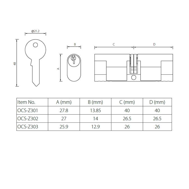 Zamak oval door lock cylinder OCSZ301, with double cam design KA/KD