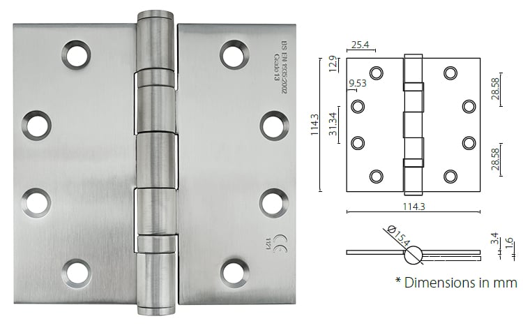 Stainless steel ball bearing butt hinge 4.5” x 4.5” x3 .4mm, Factory Direct - Door Hinge - 1