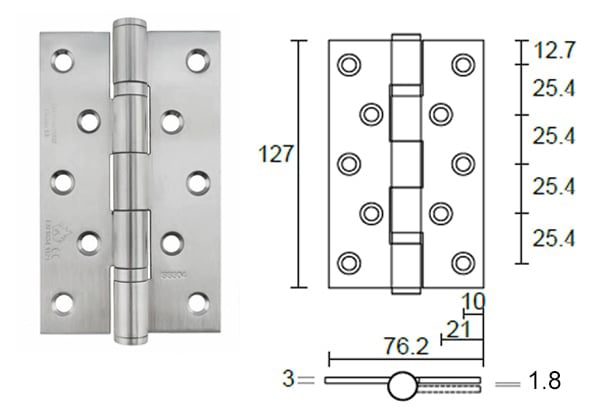 Stainless steel door hinge 5” x 3” x 3mm ball bearing, heavy duty - Door Hinge - 1
