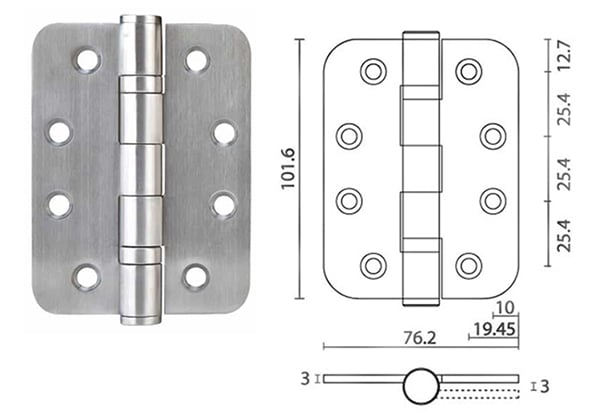 Ball bearing door hinge 4” x 3” x 3mm - Radius Corner - Door Hinge - 1
