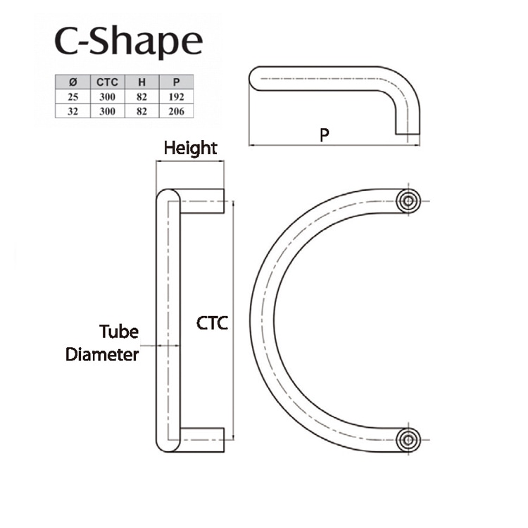 C shaped stainless steel commercial door pull handle