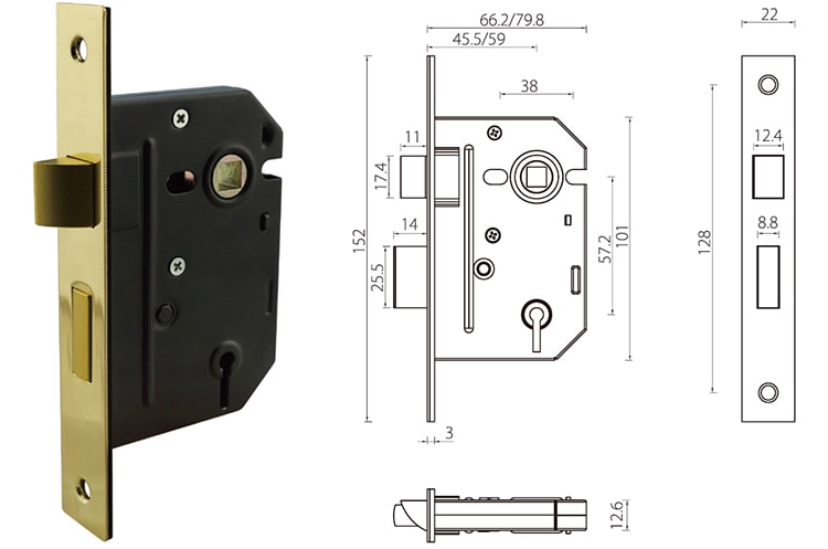 3 lever mortice lock 64mm (2.5”), 76mm (3”) case size mortice sash lock - Door Lock - 1