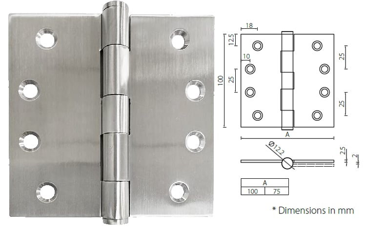 Stainless plain bearing butt hinge 4” x 3” x3mm square corner - Door Hinge - 1