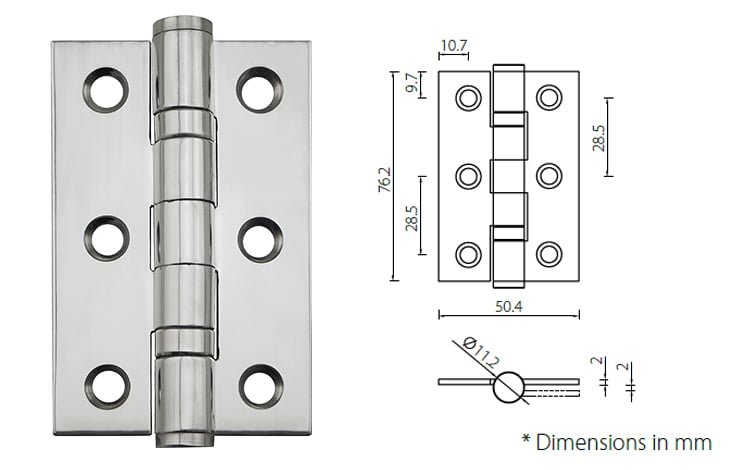 Stainless steel 3” x 2” x2mm ball bearing mortice door hinge - Door Hinge - 1