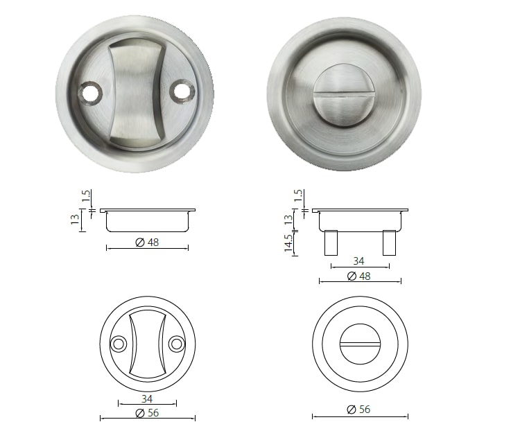 FHS09 round sliding pocket door pull handle with privacy turn - Flush Pull - 1