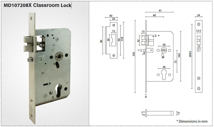 MD107208X mortise classroom lock,60mm Backset - Door Lock - 1