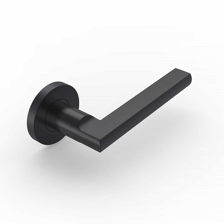 Modern matte black door handle on rose for commercial & residential use